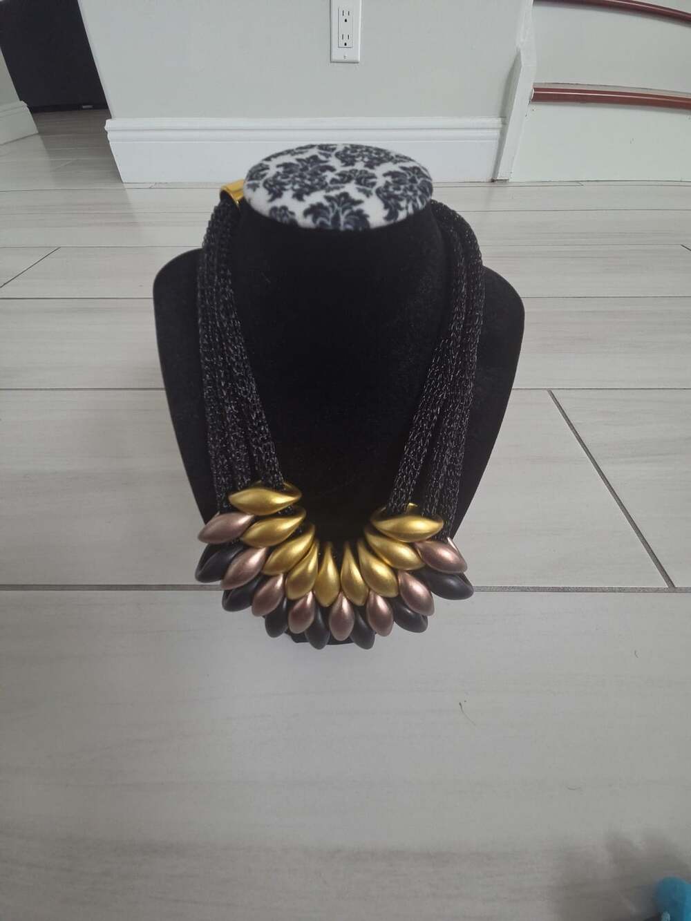 Zara Statement Necklace Black Gold Metallic Bib Collar Boho